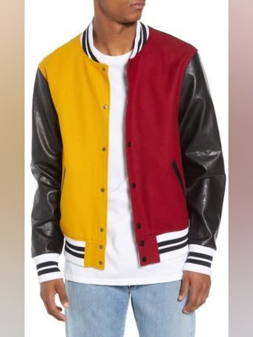 The Rail Mustard and Burgundy Colorblock Varsity Jacket with Black Sleeves